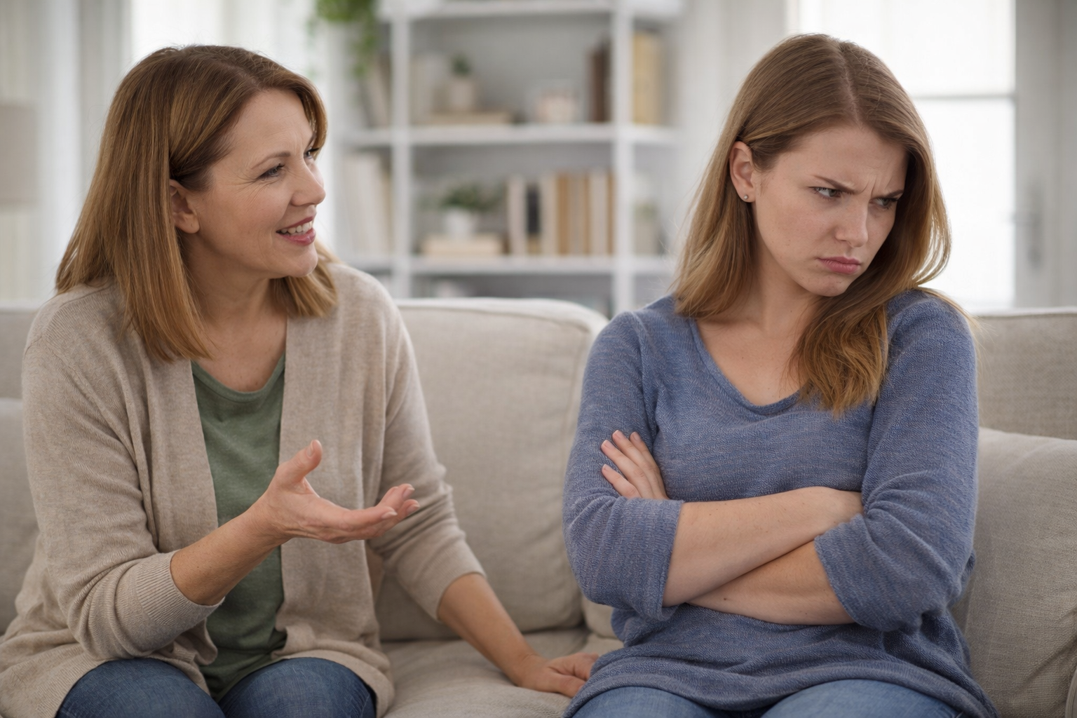 A calm woman responding thoughtfully while another woman reacts with crossed arms and visible frustration during a tense conversation on a couch.
