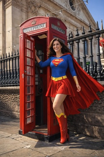 AI-generated image of Danielle Alvarez Greer standing beside a red London phone booth wearing a Superwoman costume, used to demonstrate how realistic but false images can be created with artificial intelligence.