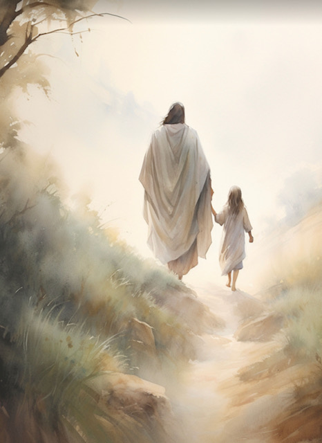 Jesus walking with a young girl holding her hand on a peaceful path, symbolizing God’s safe and gentle presence in healing from father wounds