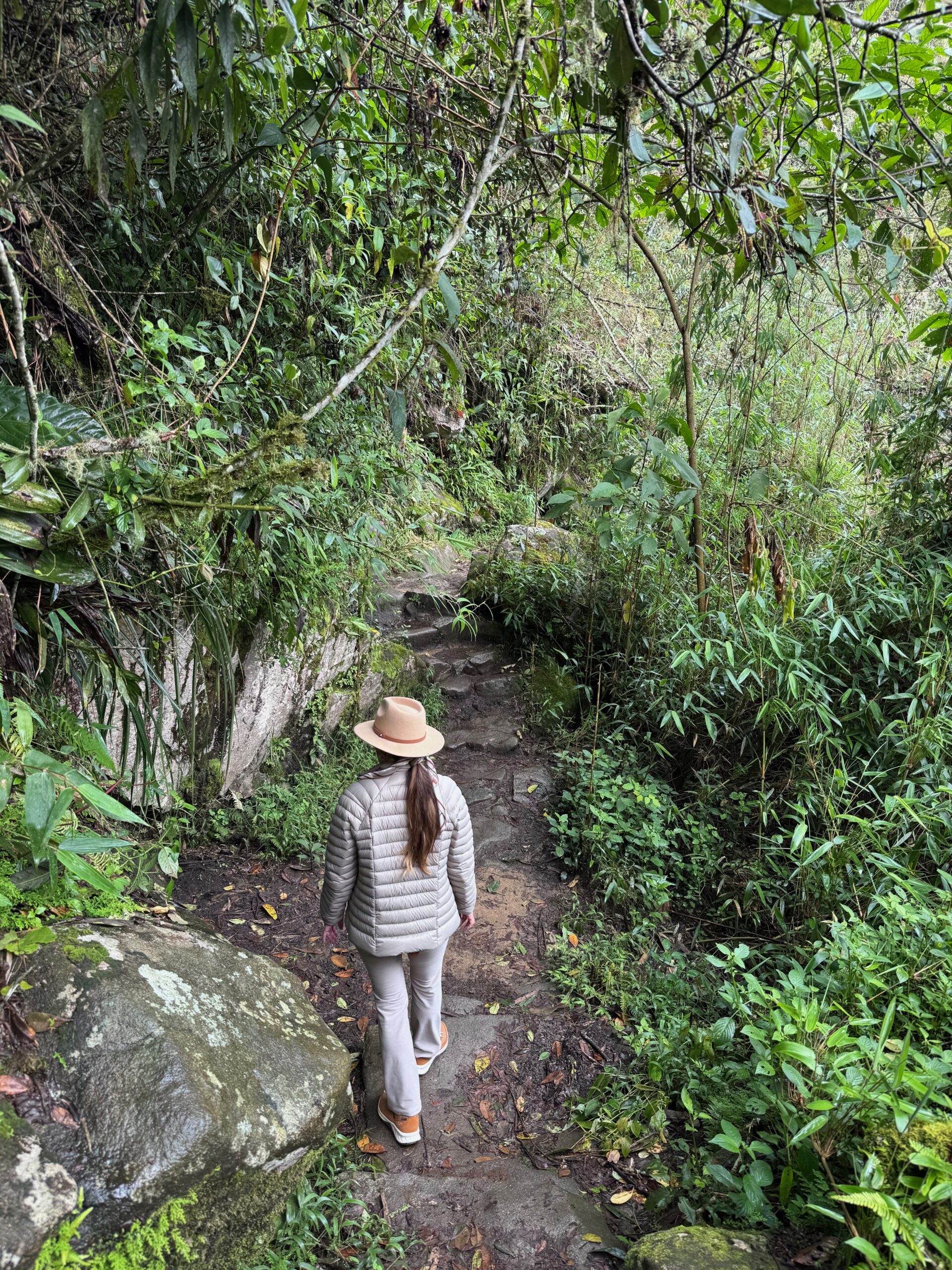 Danielle Alvarez Greer hiking a narrow trail toward Huayna Picchu in Peru, symbolizing healing, spiritual growth, and learning to trust God's guidance one step at a time.